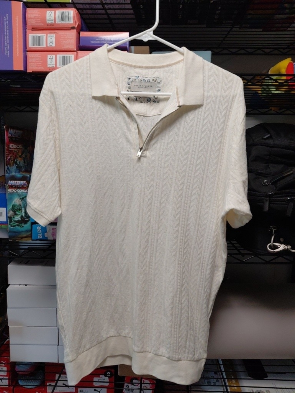 Denim & Flower Men's Cream Short Sleeve Zip Polo, Size M
